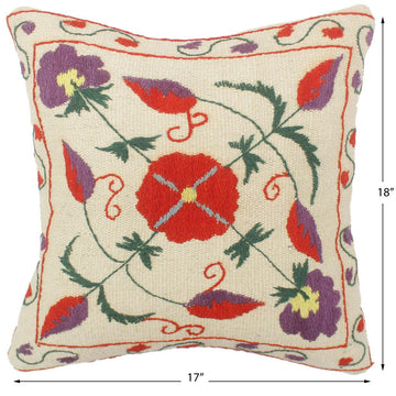 handmade  Pillow Beige Rust Hand-Woven SQUARE 100% Wool Suzani Throw Pillow